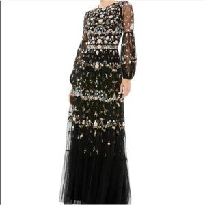 MAC DUGGAL 35111 Embroidered Floral Long Sleeve Gown in Black Size 4 NEW
